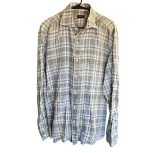 Ermenegildo Zegna Sz 2XL Plaid Linen Blue/Gray Shirt Spread Collar Button Front
